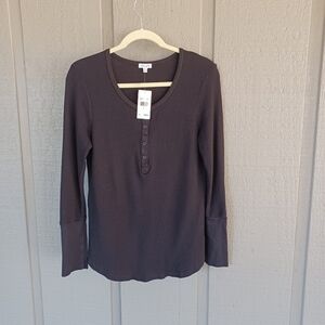 Splendid Waffle Knit Henley Top Size L Women Preppy Long Sleeve Cotton Blend